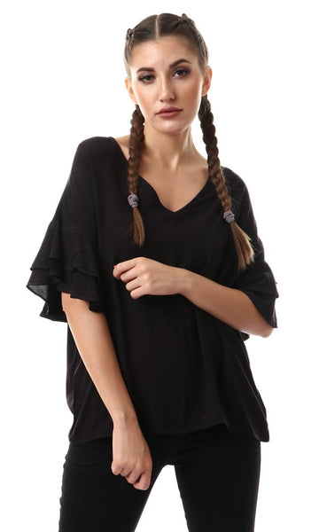 53394 Ruffle Short Sleeves V-Neck Black Blouse - Ravin 