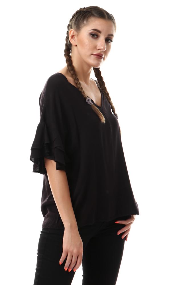 53394 Ruffle Short Sleeves V-Neck Black Blouse - Ravin 