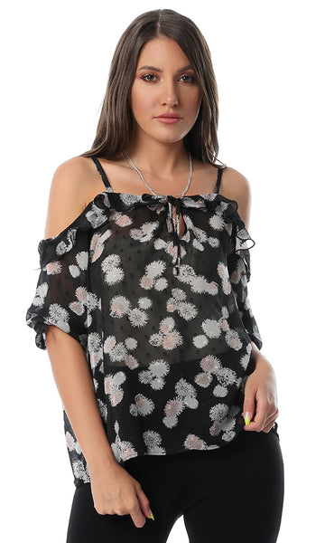 53396 Mindset Black Floral Print Cold Sleeves Top