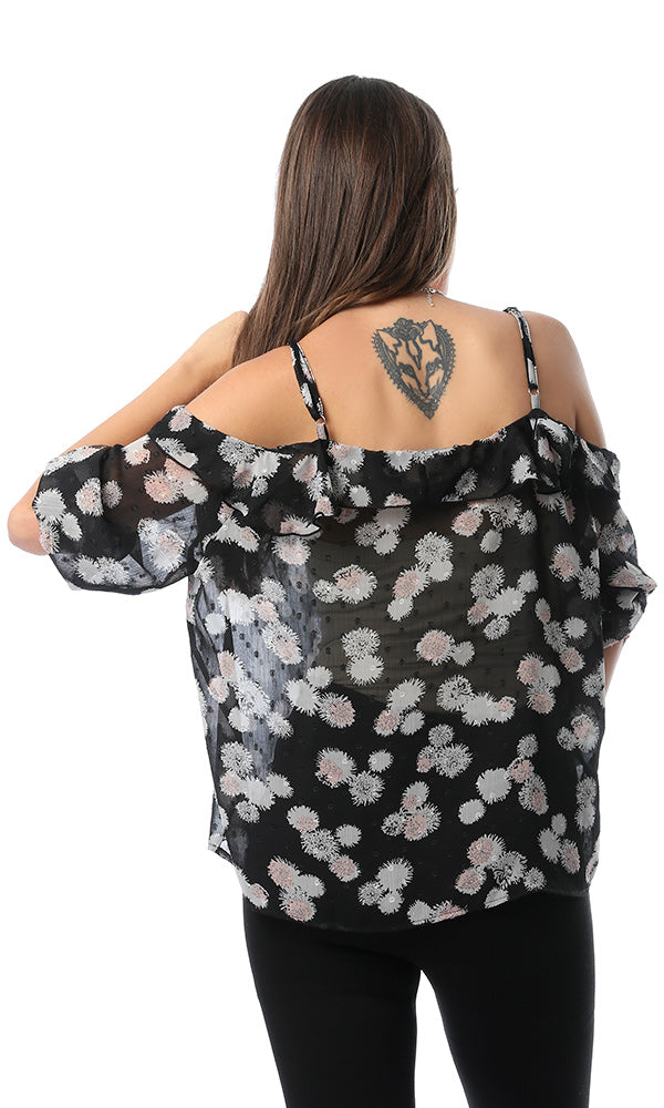 53396 Mindset Black Floral Print Cold Sleeves Top