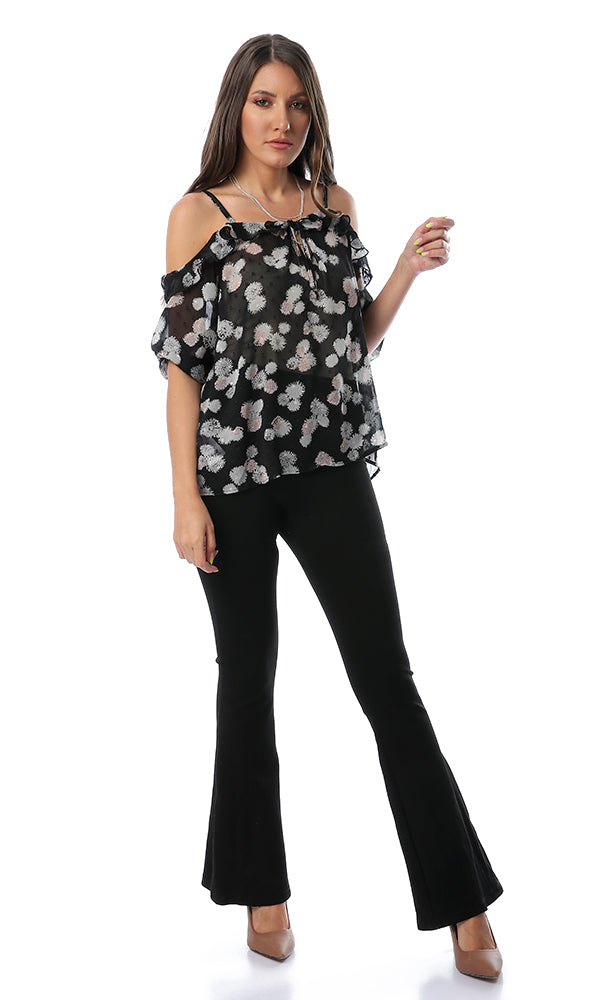 53396 Mindset Black Floral Print Cold Sleeves Top