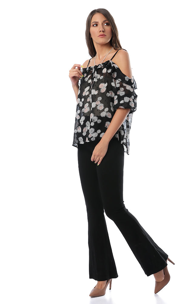 53396 Mindset Black Floral Print Cold Sleeves Top