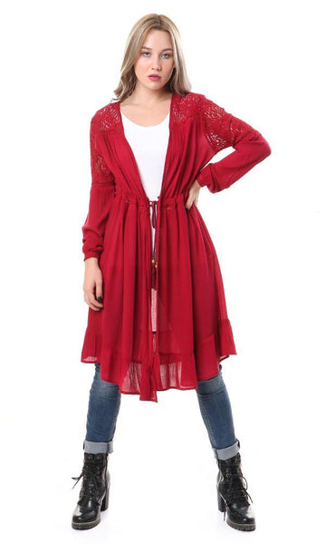 53417 Upper Lace Dark Burgundy Cardigan With Drawstring - Ravin 