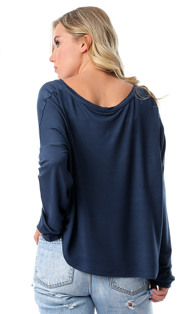 53422 Loose V-Neck Long Sleeves Navy Blue Crop Top