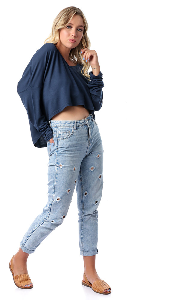 53422 Loose V-Neck Long Sleeves Navy Blue Crop Top