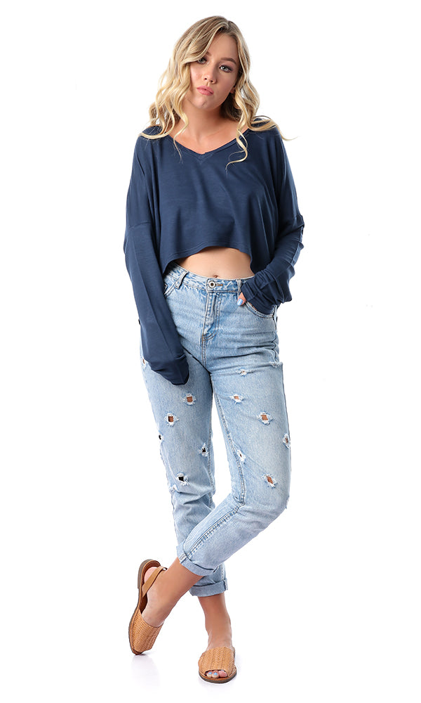 53422 Loose V-Neck Long Sleeves Navy Blue Crop Top