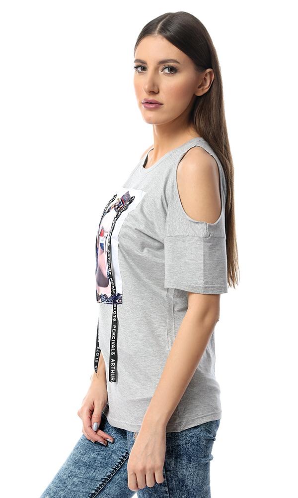 53430 Cold Shoulders With Stitched Patch Heather Grey T-shirt - Ravin 