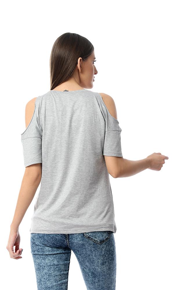 53430 Cold Shoulders With Stitched Patch Heather Grey T-shirt - Ravin 