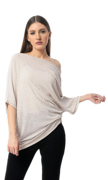 53438 Striped Asymmetric Short Sleeves Top - White & Beige - Ravin 