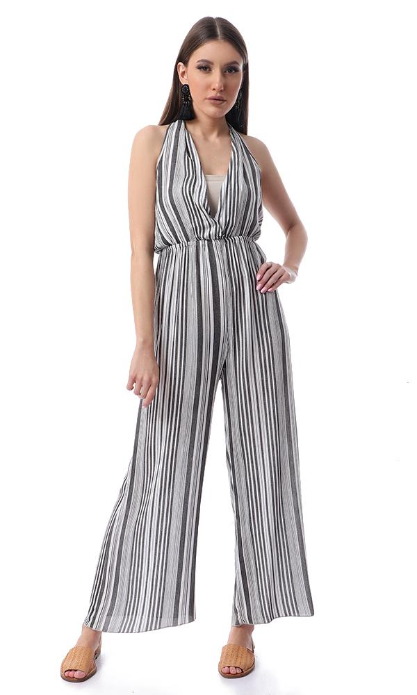 53444 Front Wrap Striped Slip On Black & White Summer Jumpsuit - Ravin 