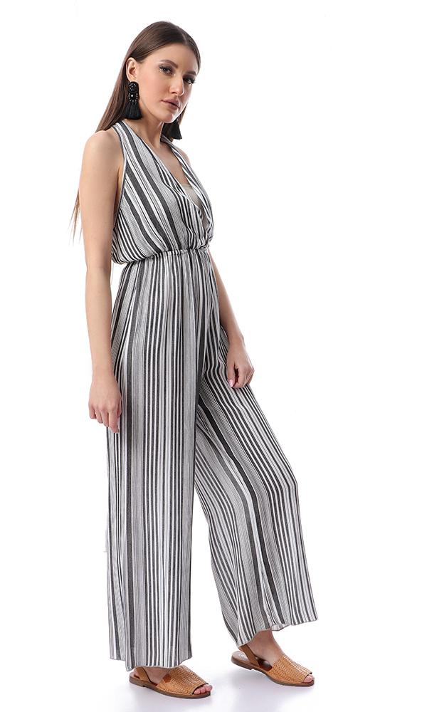 53444 Front Wrap Striped Slip On Black & White Summer Jumpsuit - Ravin 