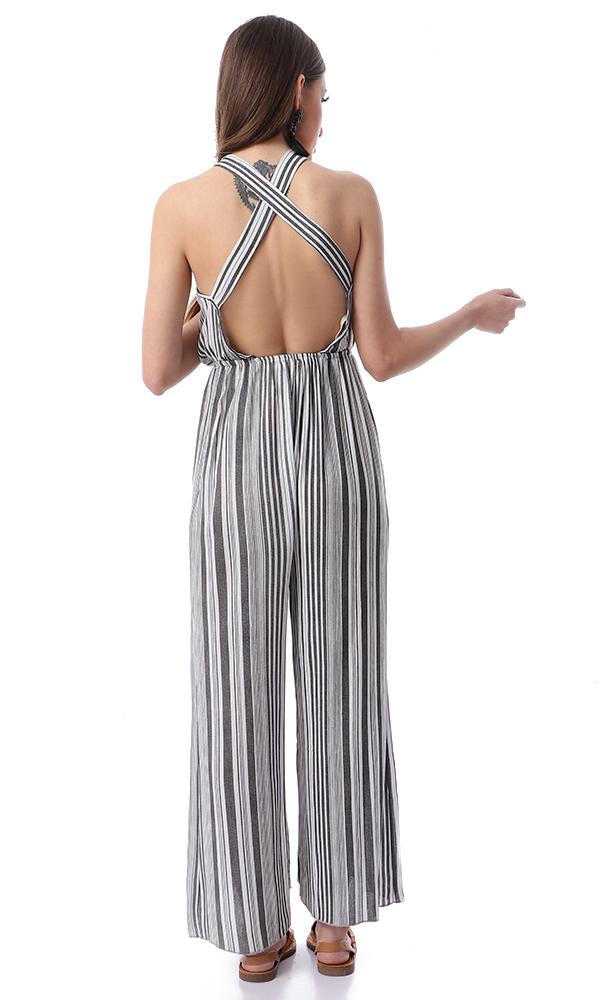 53444 Front Wrap Striped Slip On Black & White Summer Jumpsuit - Ravin 