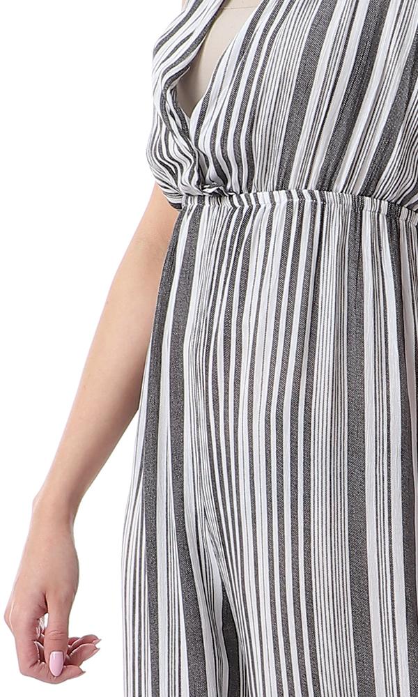 53444 Front Wrap Striped Slip On Black & White Summer Jumpsuit - Ravin 