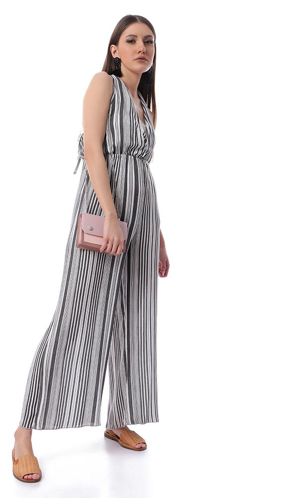 53444 Front Wrap Striped Slip On Black & White Summer Jumpsuit - Ravin 