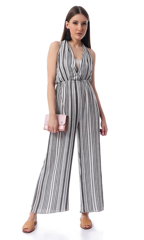 53444 Front Wrap Striped Slip On Black & White Summer Jumpsuit - Ravin 