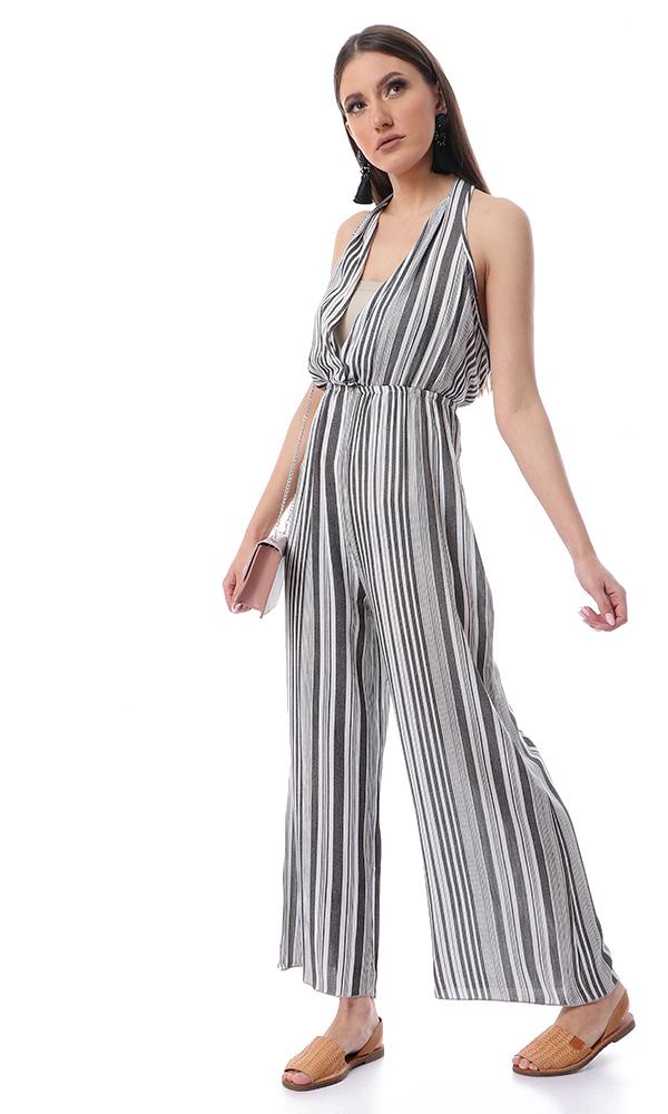 53444 Front Wrap Striped Slip On Black & White Summer Jumpsuit - Ravin 