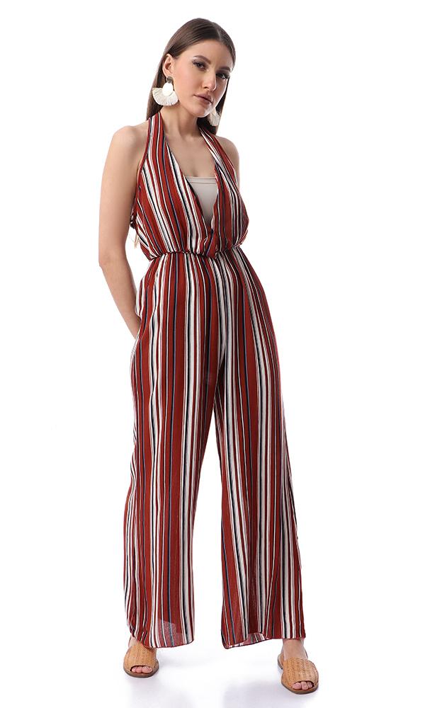 53445 Striped Fluffy Slip On Burnt Orange Jumpsuit - Ravin 