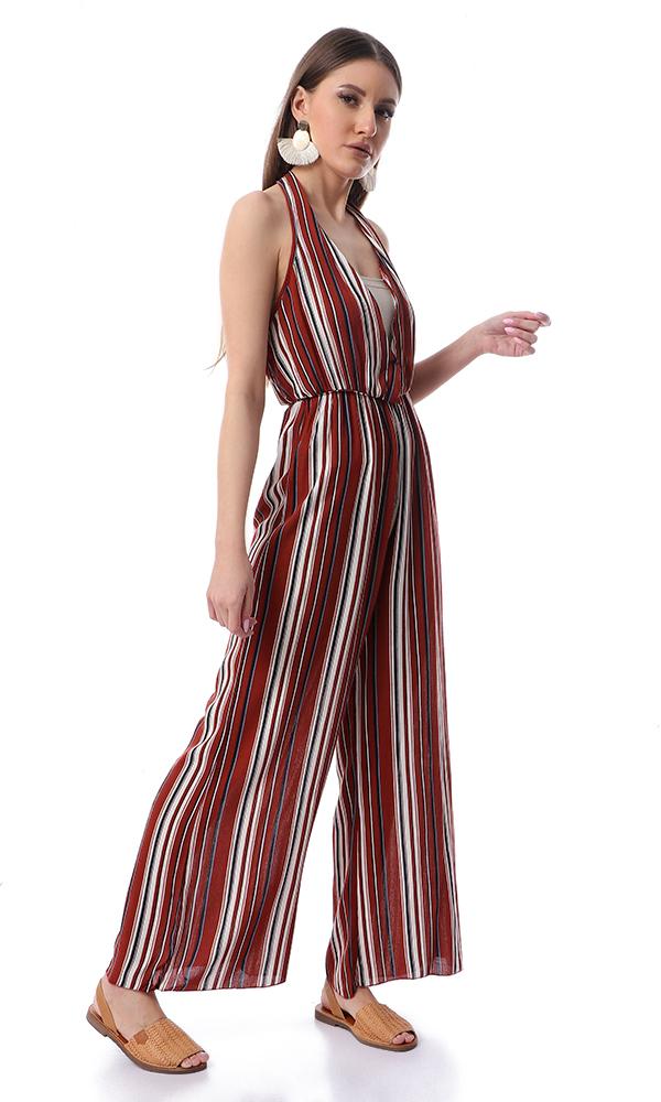 53445 Striped Fluffy Slip On Burnt Orange Jumpsuit - Ravin 