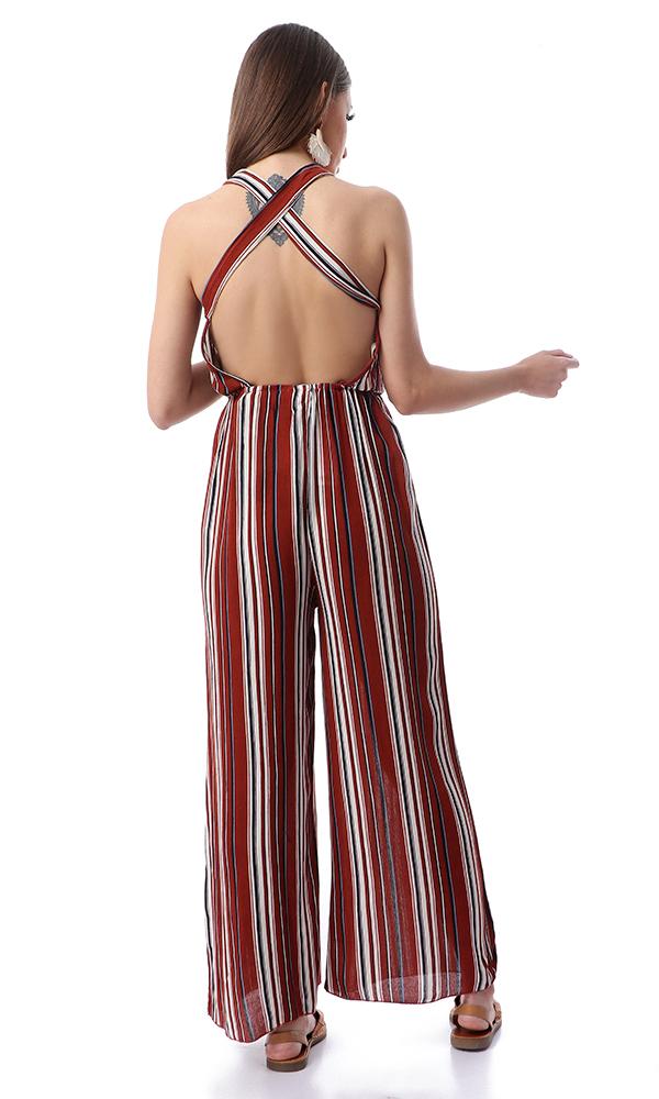 53445 Striped Fluffy Slip On Burnt Orange Jumpsuit - Ravin 