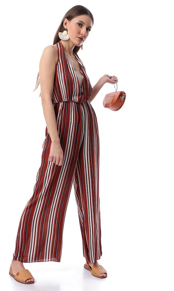 53445 Striped Fluffy Slip On Burnt Orange Jumpsuit - Ravin 