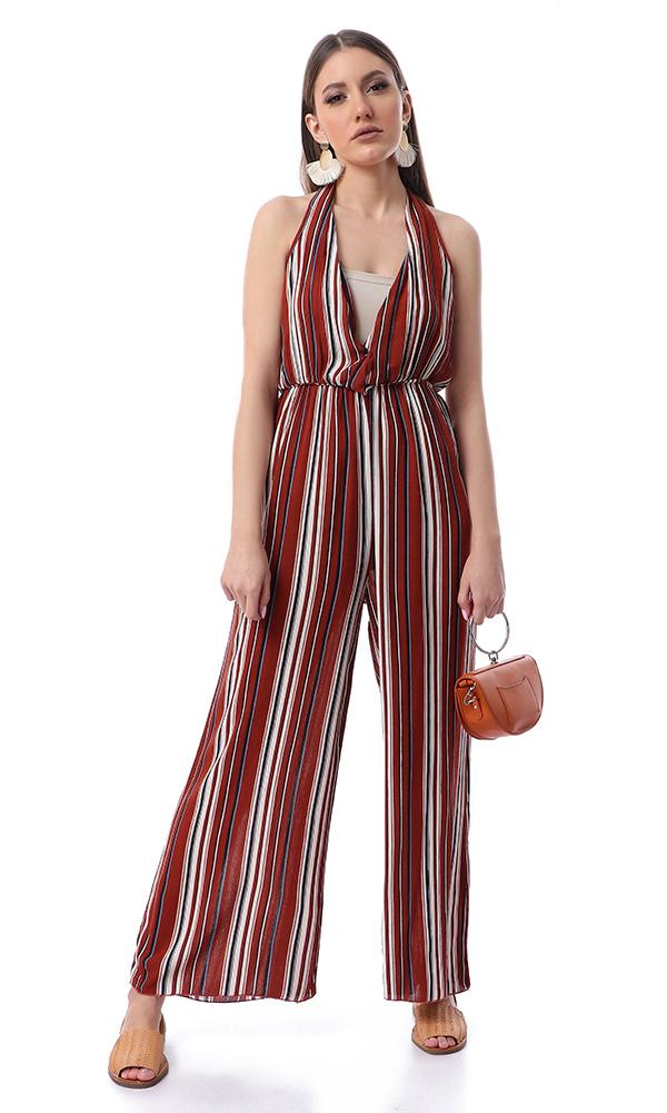 53445 Striped Fluffy Slip On Burnt Orange Jumpsuit - Ravin 