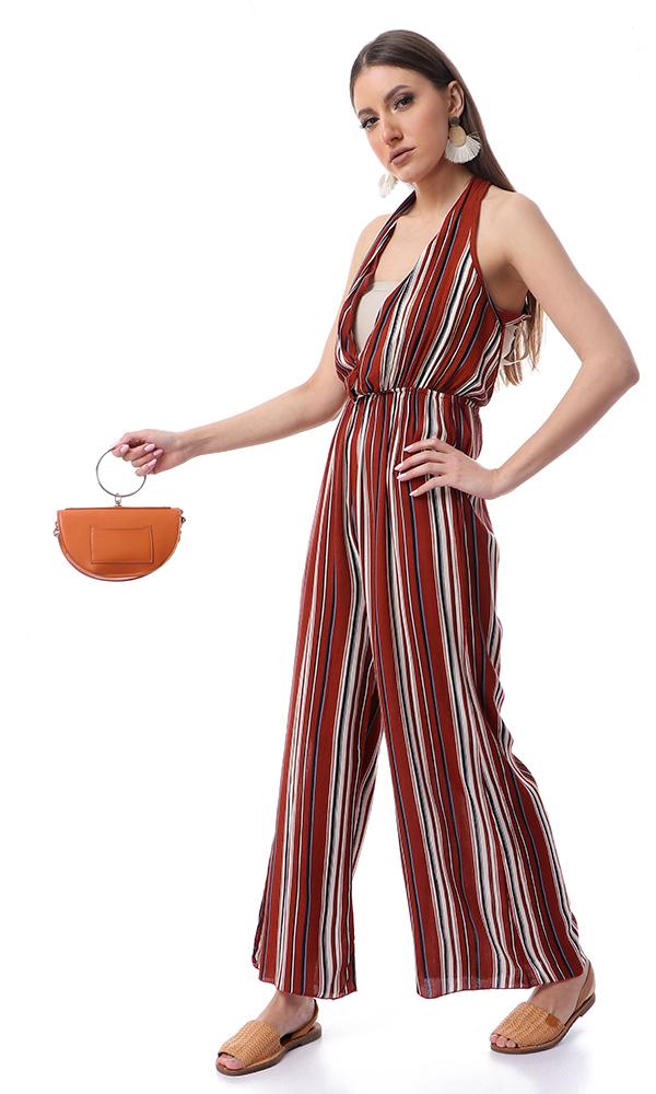 53445 Striped Fluffy Slip On Burnt Orange Jumpsuit - Ravin 