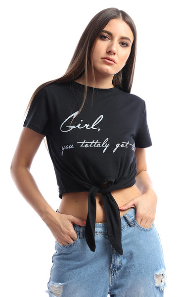 53465 Front Tie Off Black Crop Top