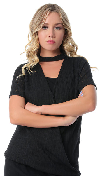 53477 Self Striped Black Short Sleeves Blouse