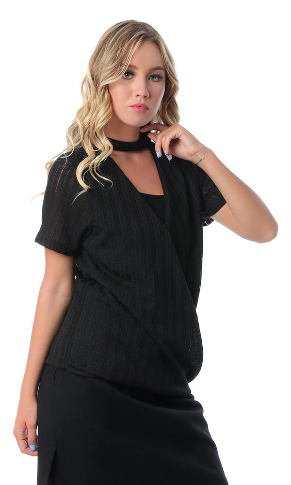 53477 Self Striped Black Short Sleeves Blouse