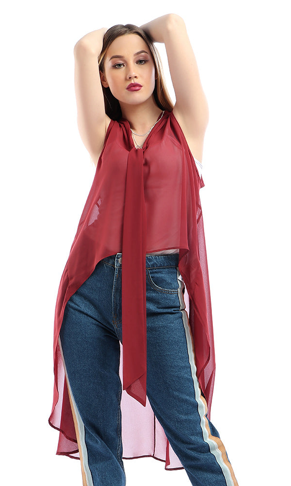 53481 Sheer V-Neck With Lace Up Sleeveless Hi-Low Maroon Top