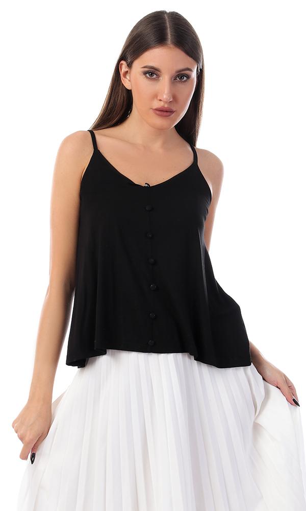 53489 Decorated Buttons With Spaghetti Straps Top - Black - Ravin 