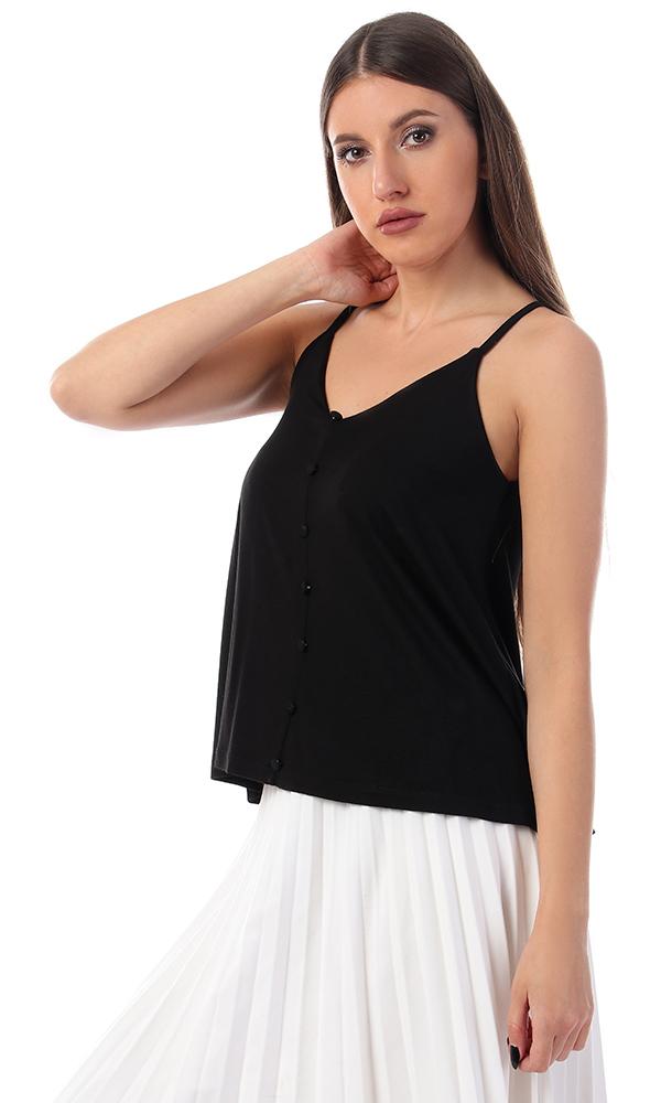 53489 Decorated Buttons With Spaghetti Straps Top - Black - Ravin 