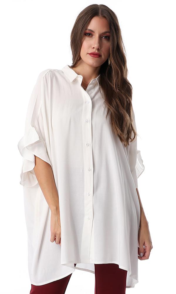 53497 Frill Sleeve Loose Off White Shirt - Ravin 