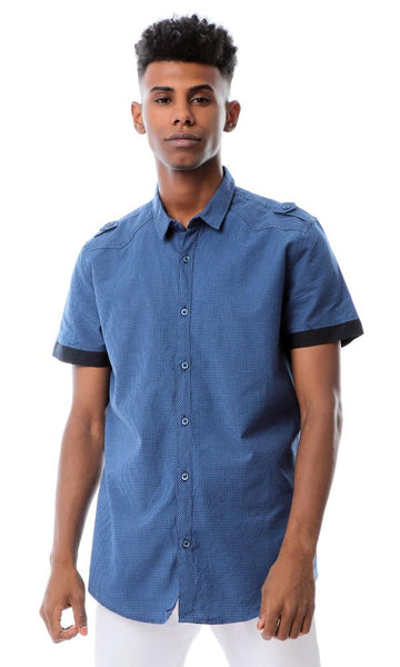 53552 Checkered Short Sleeves Navy Blue & Petroleum Shirt - Ravin 