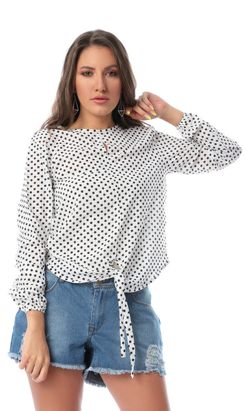 53569 Polka Dots Front Tie Elegant Blouse White