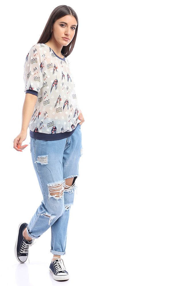 53574 Sage Floral Blue Print Long Sleeve Top