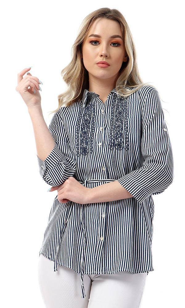 53583 Buttoned High Low Striped & Floral Embroidered Navy Blue Shirt - Ravin 