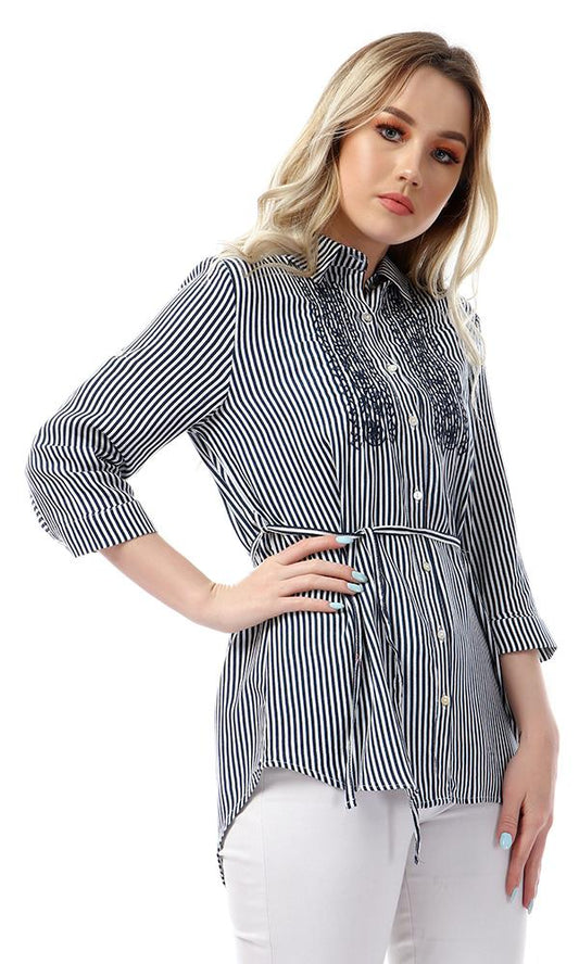 53583 Buttoned High Low Striped & Floral Embroidered Navy Blue Shirt - Ravin 