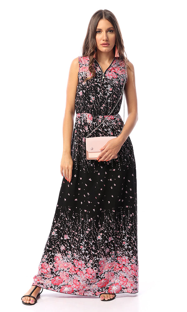 53606 Garden Meandering Floral Black Print Maxi Dress