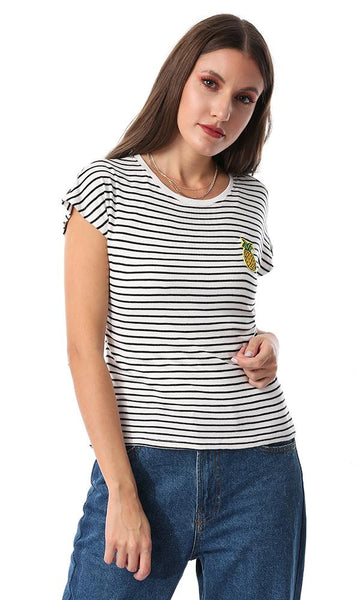 53678 White Stripe Ribbed Popper Pineapple Tee - Ravin 