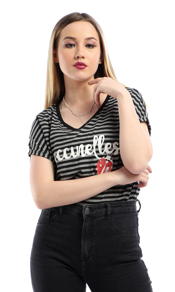 53682 Coccinelles -Striped Loose Short Sleeves Black T-shirt