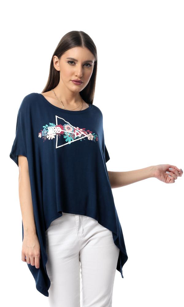 53709 Printed Long Sides Loose Top With Back Lace Up - Navy Blue - Ravin 