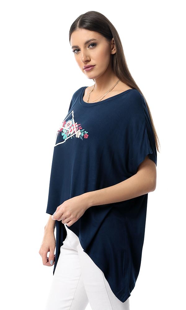 53709 Printed Long Sides Loose Top With Back Lace Up - Navy Blue - Ravin 