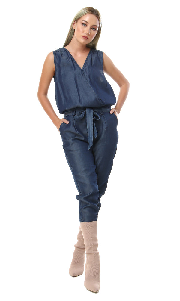 53738 V-Neck Zipper Casual Jumpsuit - Blue - Ravin 