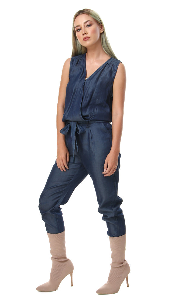 53738 V-Neck Zipper Casual Jumpsuit - Blue - Ravin 