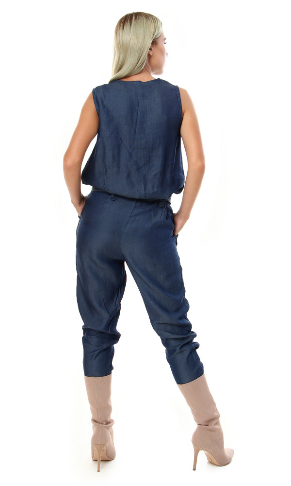 53738 V-Neck Zipper Casual Jumpsuit - Blue - Ravin 