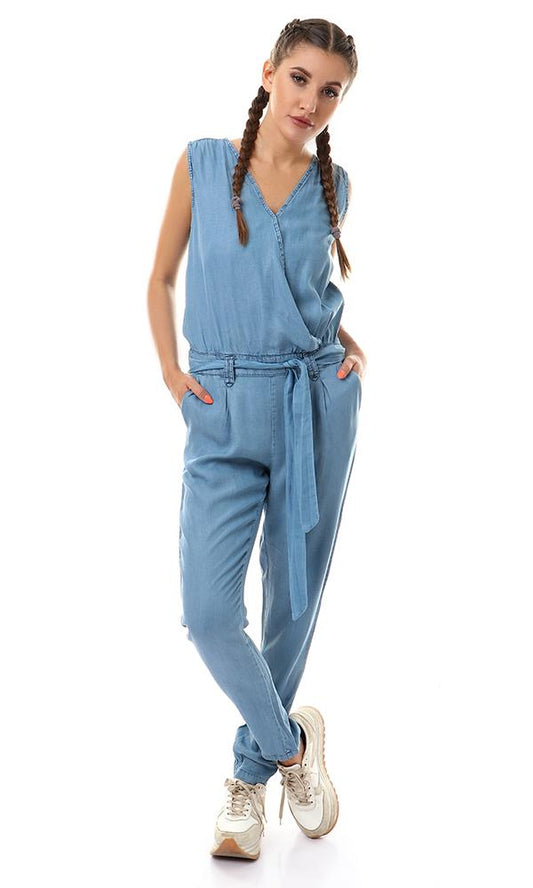 53739 Light Blue Sleevesless Denim Jumpsuit With Belt - Ravin 