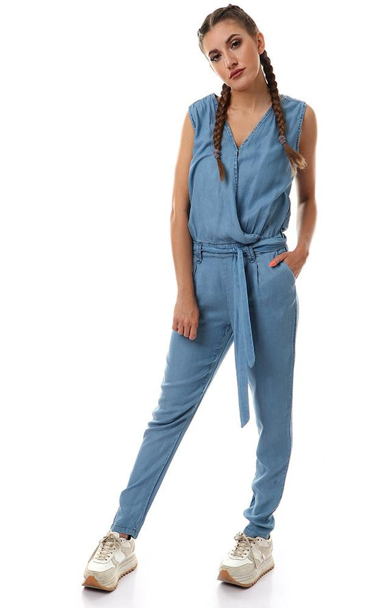 53739 Light Blue Sleevesless Denim Jumpsuit With Belt - Ravin 