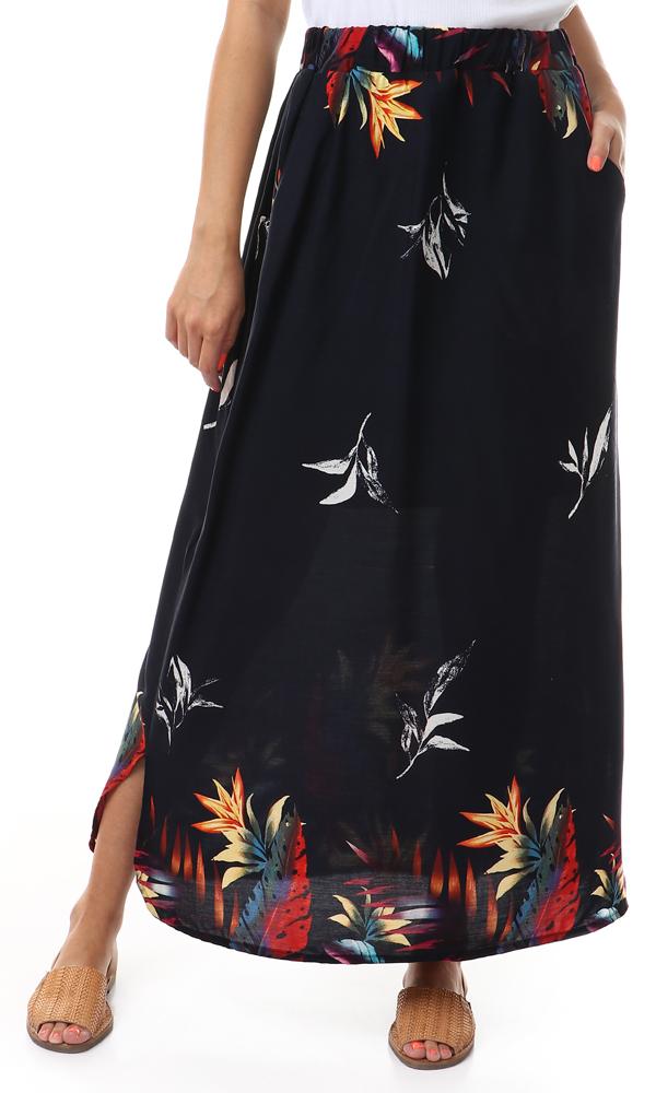 53749 Silde Slits Leaves Printed Navy Blue Skirt - Ravin 