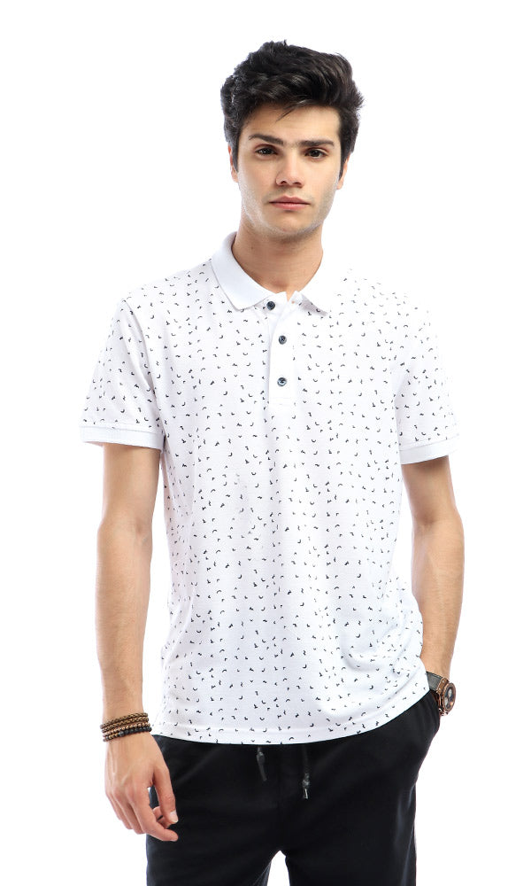 53782 Random Patterns Buttoned Neck White Polo Shirt